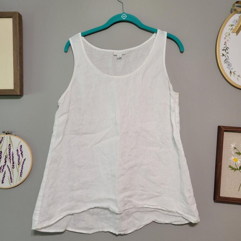 J Jill Pure Jill 100% Linen White Tank Top Lagen Coastal Cottage Semi Sheer